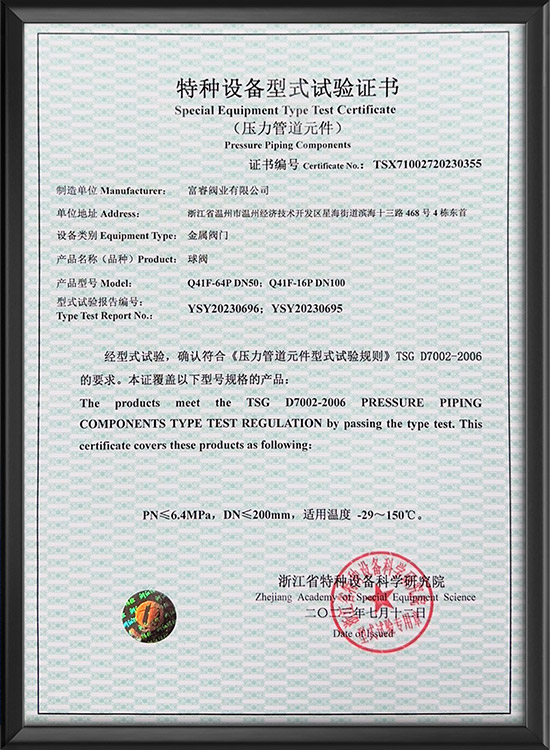 特種設(shè)備型式試驗證書